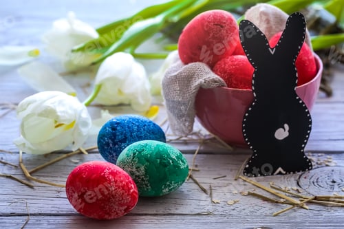 Preview: Easter still life with colored eggs and rabbit
