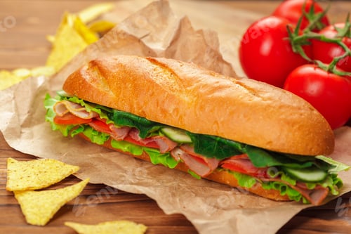 Preview: Big sandwich with meat, vegetables, and chips served on paper with tomatoes beside it