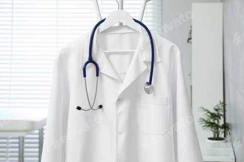 Preview: White doctor's gown and stethoscope hanging on rack in clinic, closeup