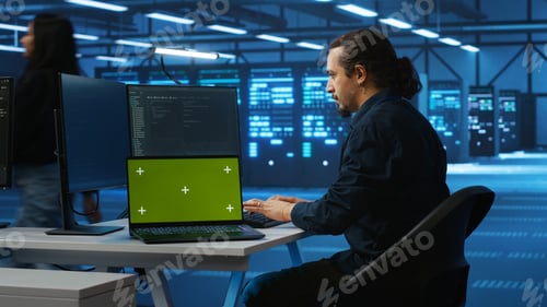 Preview: Engineer upgrading equipment in data center using green screen laptop