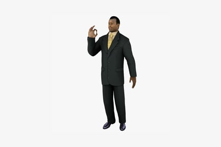 Preview: Man in formal suit, hand on hip, gesturing
