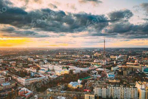 Preview: Gomel, Belarus. Aerial View Of Homiel Cityscape Skyline In Autumn Evening. Residential District