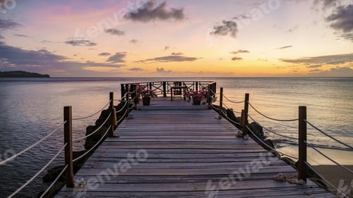 Preview: wooden pier in the ocean during sunset at Saint Lucia or St Lucia Caribbean