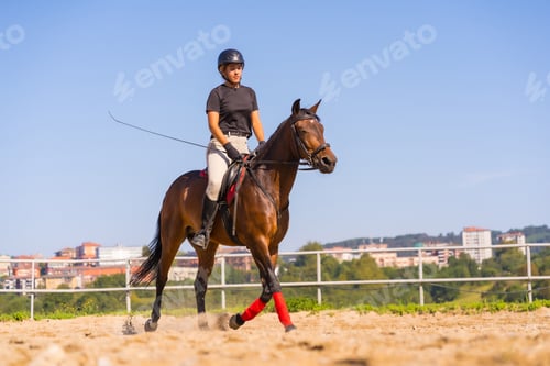 Preview: Young caucasian girl riding on a horse with a brown horse, dressed in black rider