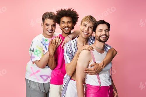 Preview: Four friends celebrate pride with vibrant outfits and joyful expressions in a cheerful setting