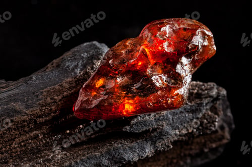 Preview: Natural amber. A piece of yellow and red semi transparent natural amber on piece of stoned wood