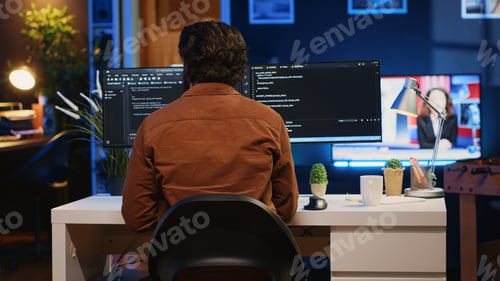 Preview: Engineer arrives in home office with coffee mug in hand, ready to start coding