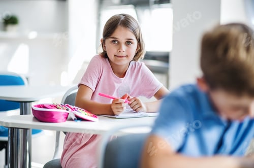 Visualização: Uma pequena estudante sentada à mesa na sala de aula, olhando para a câmera.