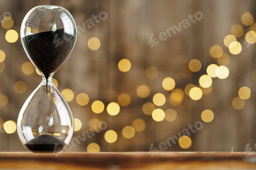 Preview: Hourglass on wooden desk against blurred lights