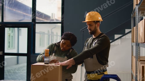 Preview: Warehouse intern seals cardboard boxes