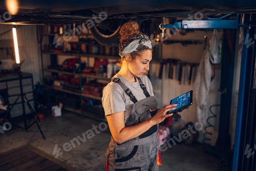 Preview: Female mechanic under lifted car at shop doing car diagnostics with tablet