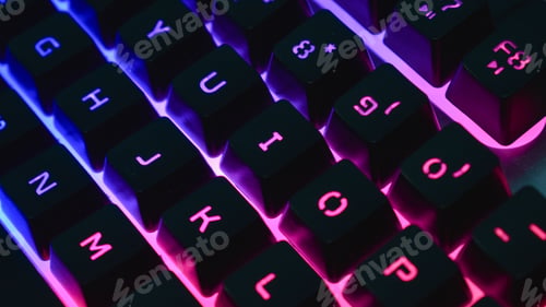 Preview: Gaming keyboard with RGB light. White mechanical keyboard. Gamer's workspace, neon light