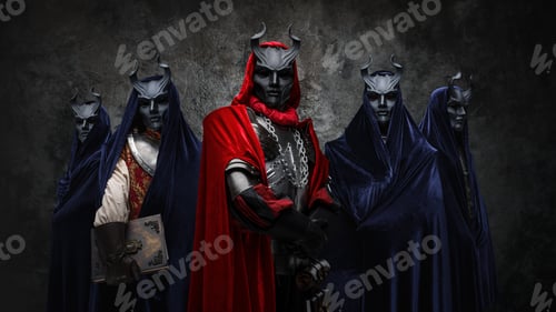 Preview: Occult group of five cultists against dark background