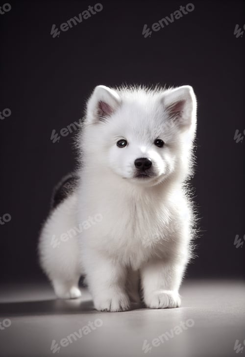 Preview: Tiny cute adorable Samoyed puppy, with black background, studio lighting. Adopt a puppy, pure breed