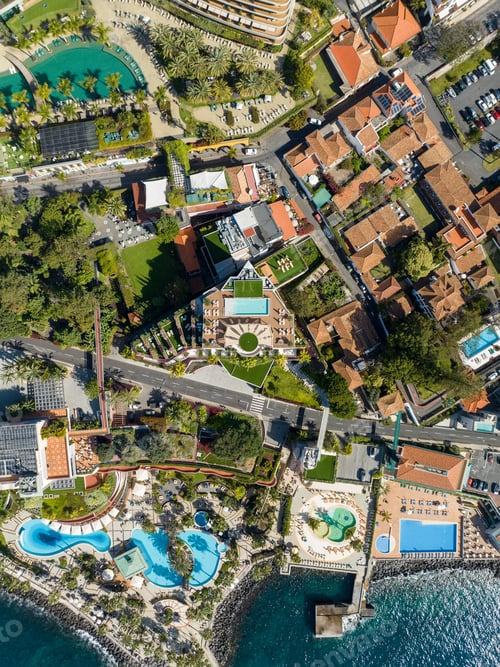 Preview: Aerial view of a luxury resort and beach in Funchal, Madeira Island, Portugal