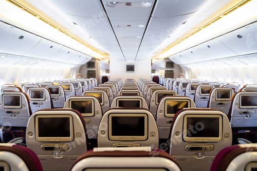 Preview: Cabin inside of commercial passenger wide body aircraft.