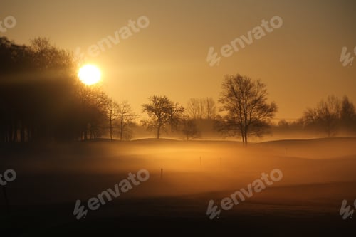 Preview: Sunrise in magic foggy landscape at the golf court, silent and totally breathtaking beautiful moment