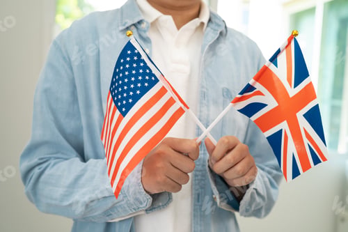 Preview: Learn English language, Asian teenage student hold book with flag in course at school.
