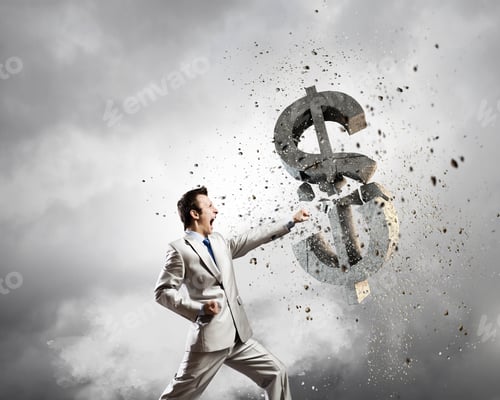 Preview: Businessman Breaking Stone Dollar Symbol With Karate Punch