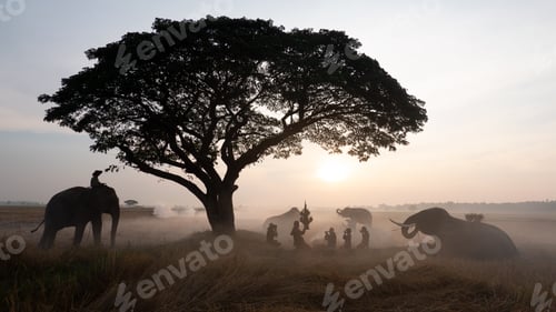 Preview: Farmer and Elephant at rice field against sunrise in Thailand.