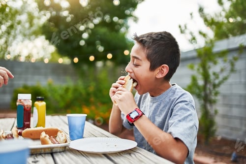 Visualização: little hispanic boy eating hot dog at family bbq outside in yard