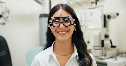 Preview: Portrait, happy woman and test frame for vision, eye care and healthcare in clinic. Face, smile and