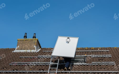 Preview: man climbing the ladder with solar panel