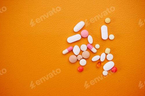 Preview: Close up of many colorful pills and capsules on orange background