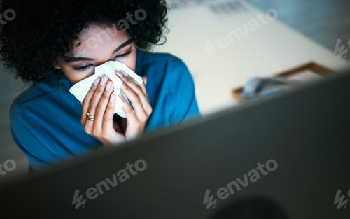 Preview: Business, night and woman with a sneeze, sick and illness with burnout, stress and overworked. Pers