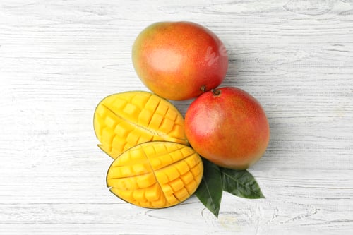 Preview: Flat lay composition with mango on white wooden background