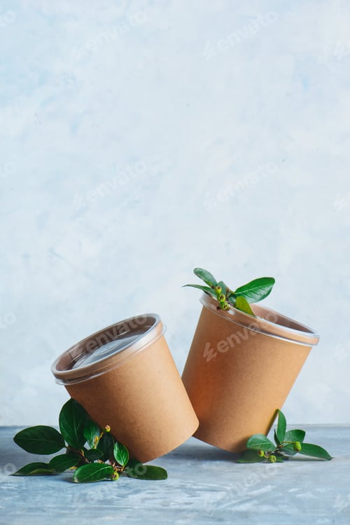 Preview: Brown Cups with Green Leaves on Blue Background