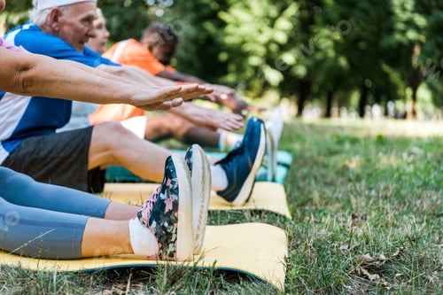 Preview: cropped view of athletic retired and multicultural men and woman exercising on fitness mats