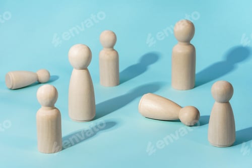 Preview: People standing together close to people feeling bad. Wooden figurines. Medical assistance concept