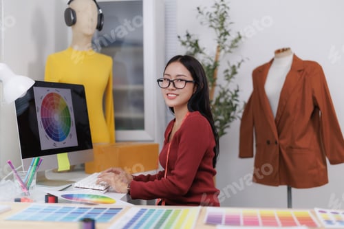Preview: Fashion designer working on new clothes collection using computer