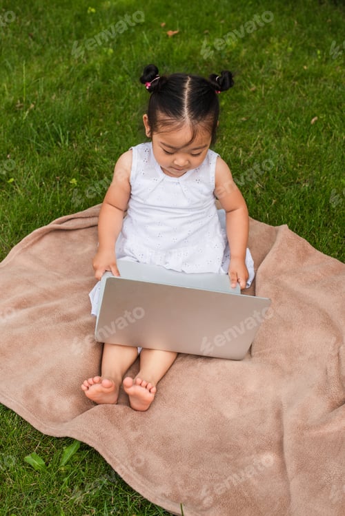 Preview: high angle view of toddler asian kid watching movie on laptop while sitting on picnic blanket in