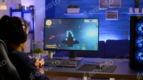 Preview: Pro gamer playing space shooter online championship
