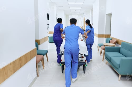 Preview: Hospital care team wheeling patient on medical gurney at emergency department of hospital, back
