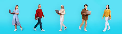 Preview: Collage of happy multiracial people digital nomads with computers