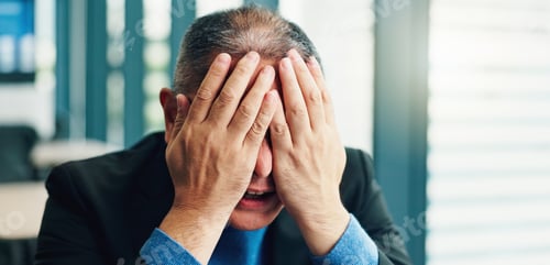 Preview: Loss, stress or businessman with burnout, headache and anxiety for taxes, bankruptcy or worry. Cove