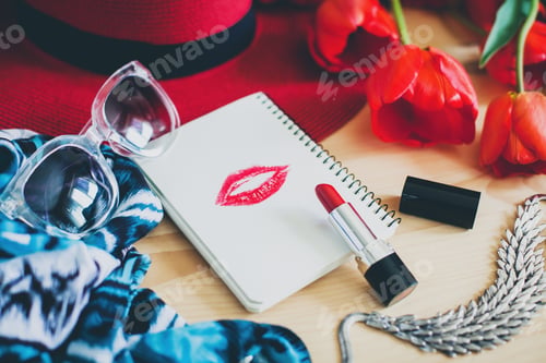 Preview: woman's accessories flat lay with red tulips