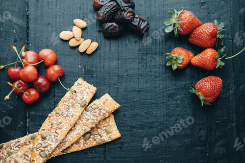 Preview: Useful snacks: strawberries, cherries, dates, almonds, breads