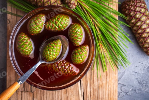 Preview: Young pine cones jam in glass bowl on wooden board. Delicious jam with the little pine cones.