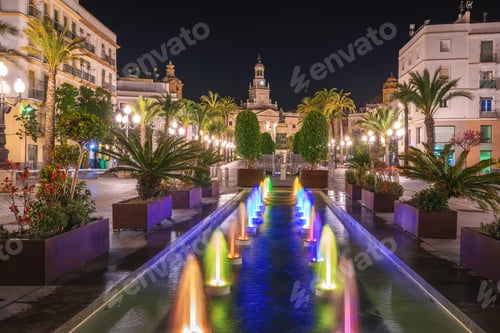 Preview: Plaza de San Juan de Dios Square with Cadiz City Hall and Fountain at night - Cadiz, Spain