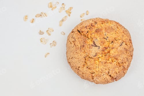 Preview: homemade oatmeal cookies on white background, Healthy food. Oatmeal biscuits copy space, top view