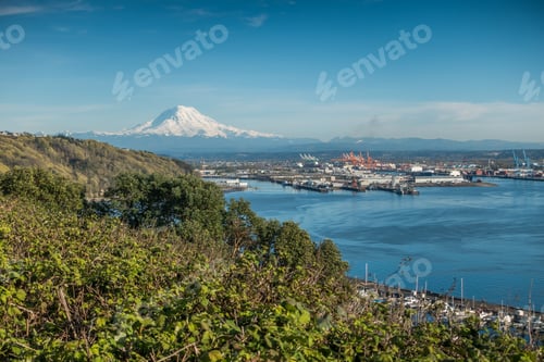 Preview: A Panoramic View Of Mount Rainier, The Port Of Tacoma And A Marina.