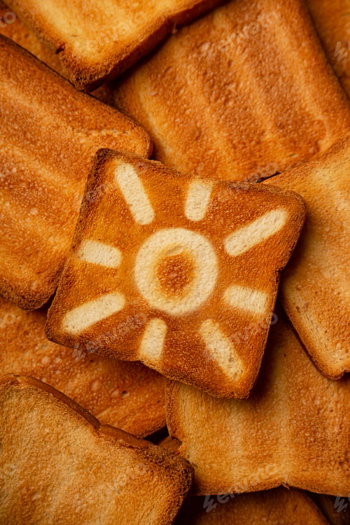 Preview: Concept of SPF protection sun sign on toasted bread background.
