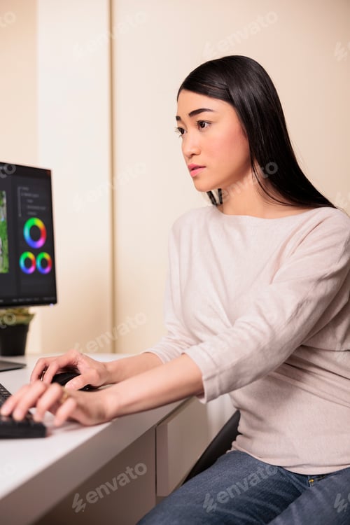 Preview: Female videographer using montage to edit film