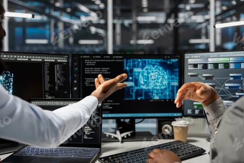 Preview: Data center technicians brainstorming, working together using AI