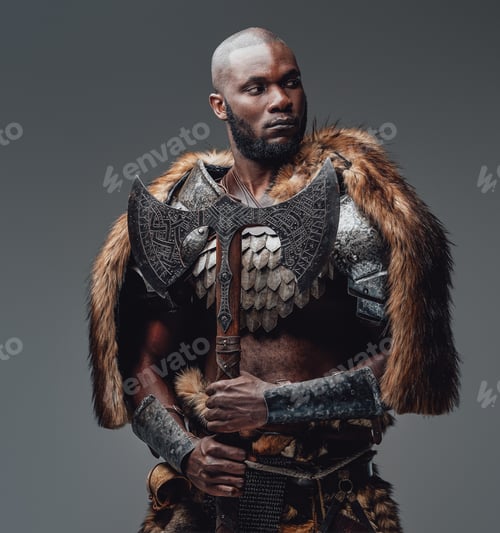 Preview: Bearded black skinned barbarian with fur and shaved head holding an axe