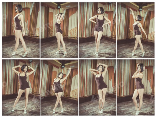 Preview: Woman Warming Up Before Dance Classes. Collage. Eight Photographs.